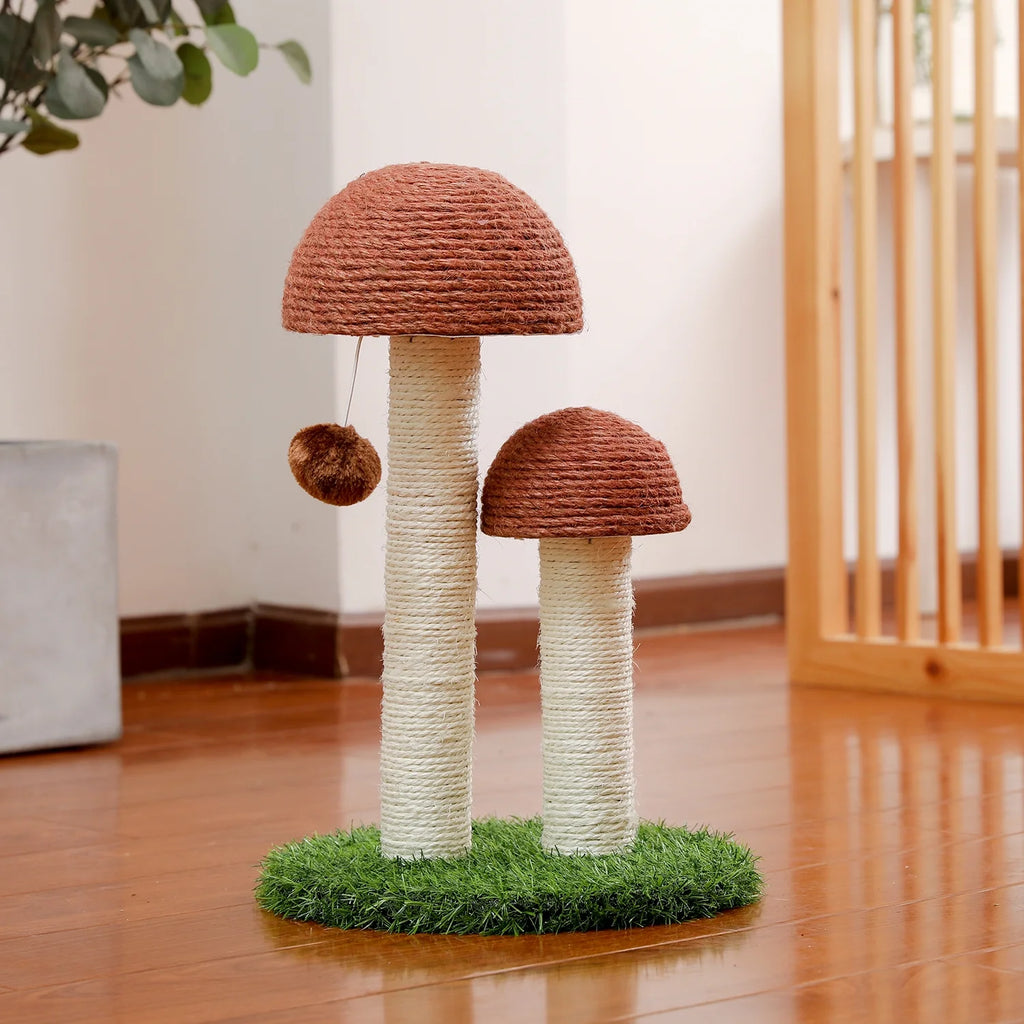 2 Mushrooms Cat Scratching Post 19" Sisal Claw Scratcher for Kittens and Small Cats, Brown