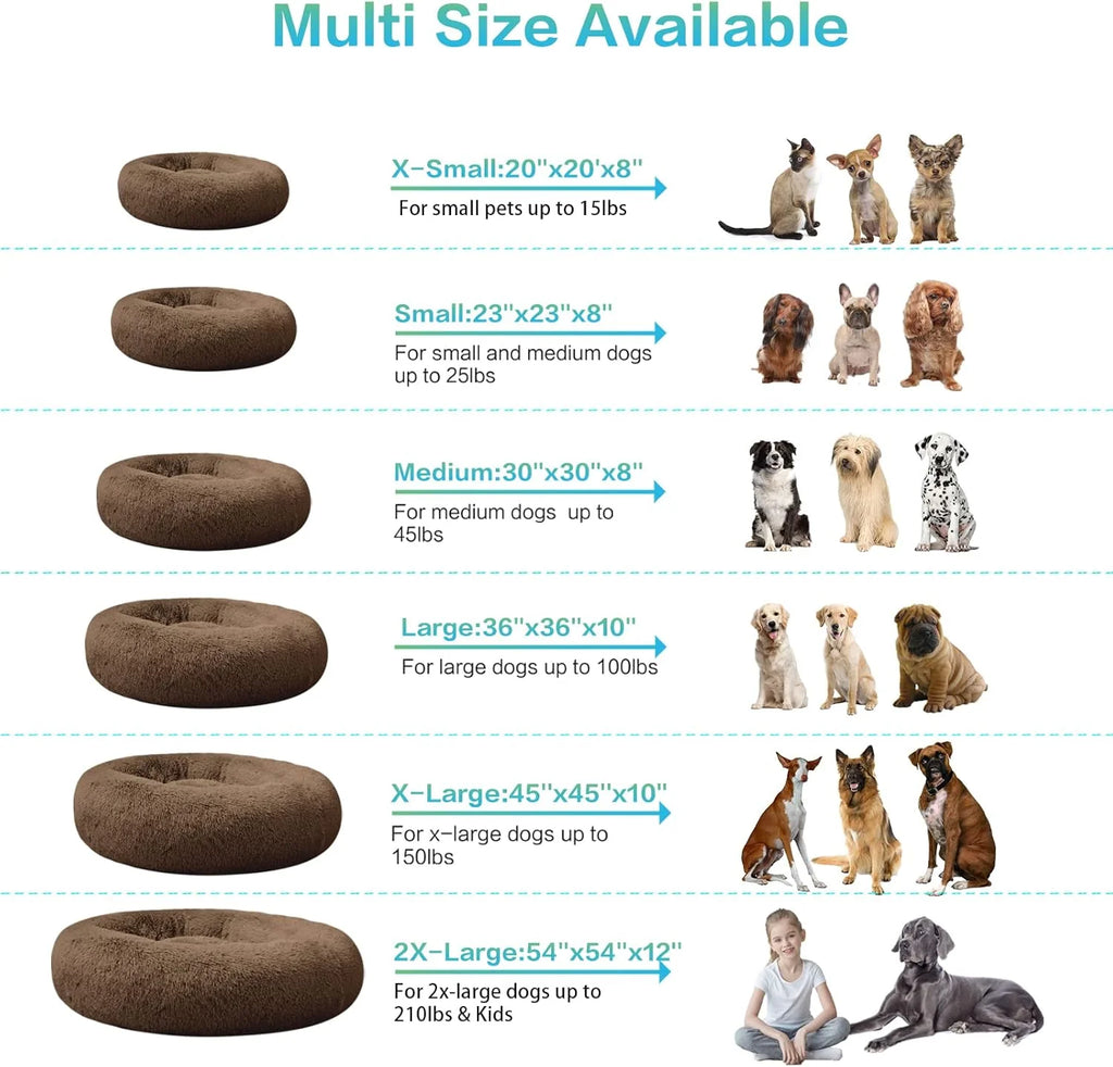 Plush Calming Donut Dog Beds for Small Dogs, Medium, Large & X-Large Breeds, Comfy Cuddler Dog Bed and Cat Bed in Faux Fur, Washable, Multiple Sizes S-XXL