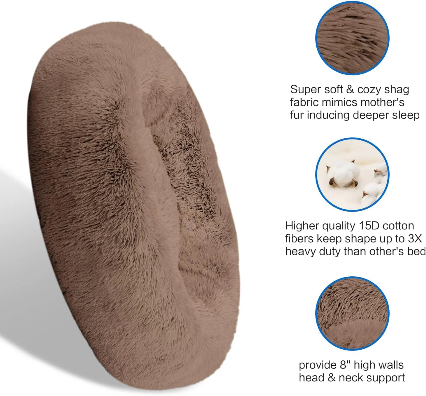 Plush Calming Donut Dog Beds for Small Dogs, Medium, Large & X-Large Breeds, Comfy Cuddler Dog Bed and Cat Bed in Faux Fur, Washable, Multiple Sizes S-XXL
